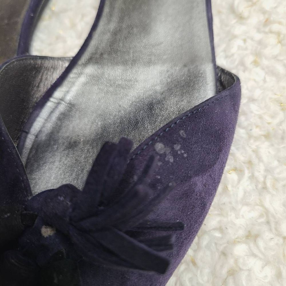 Prada Navy Blue Suede Leather Tassel‎ Peep-toe D'orsay Flats sz 40 - Picture 6 of 10